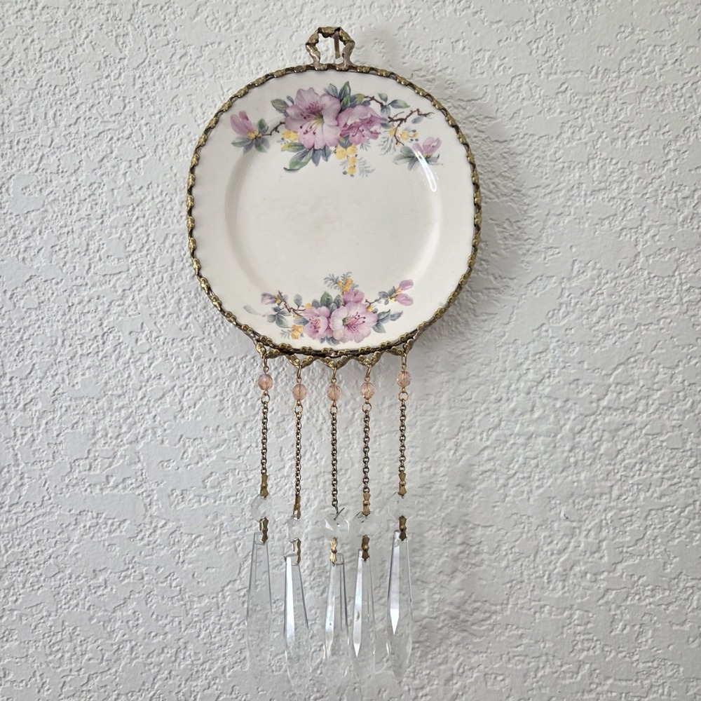 Vintage Crooksville Handmade Floral Suncatcher Plate Crystal Prisms Gold Rim